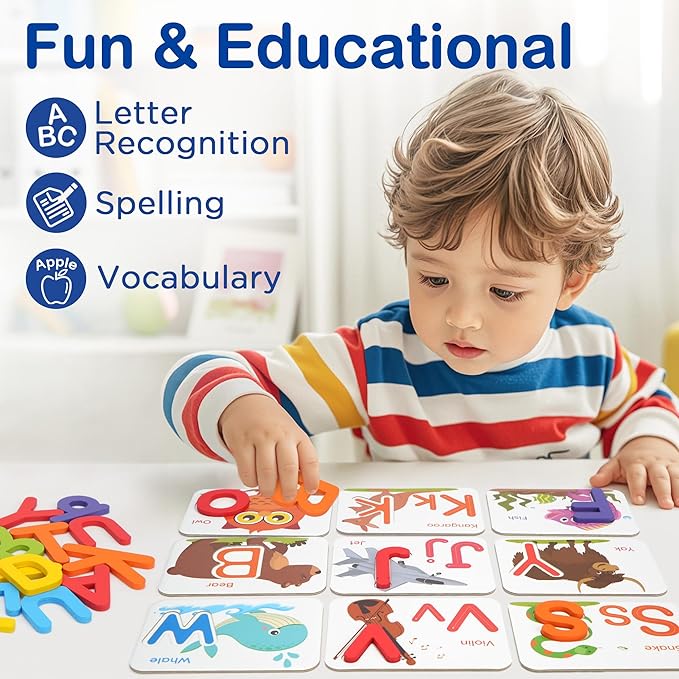 BenBen Alphabet Flash Cards, 52 Upper and Lowercase Wooden Letters, 26 Flashcards, Montessori ABC Learning Toys for Kids Ages 3-5, Preschool Learning Activities, Matching Game Puzzles