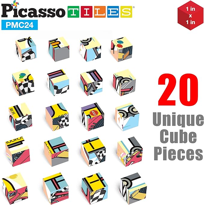 PicassoTiles Magnetic Cube Puzzle 6-in-1 Vehicle Theme Pattern Magnet Brain Teaser Cubes Building Block 120 Pictures Toy Set Kids Ages 3 & Up Preschool Children Promotes Problem PMC24