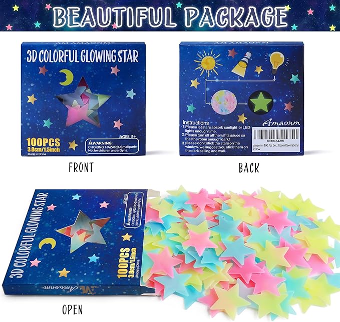 AM AMAONM 100 Pcs Colorful Glow in The Dark Luminous Stars Fluorescent Noctilucent Plastic Wall Stickers Murals Decals for Home Art Decor Ceiling Wall Decorate Kids Babys Bedroom Room Decorations