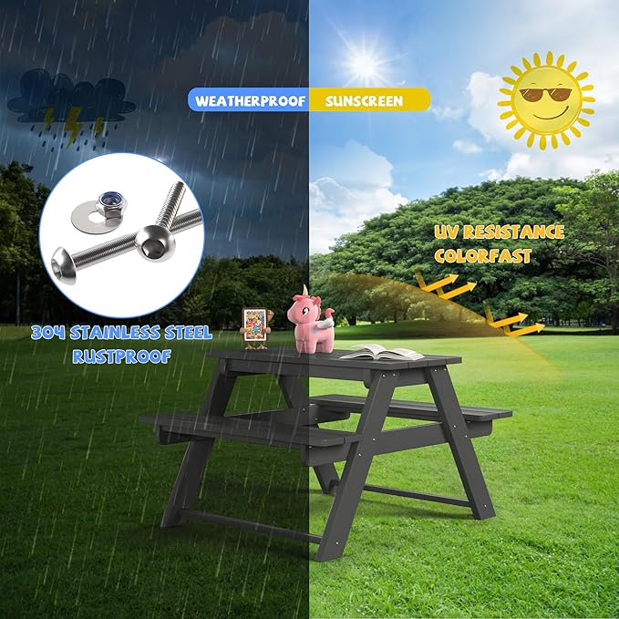 Costaelm Kids Picnic Table, HDPE All Weather Outdoor Toddler Picnic Table and Chair Set Kids Bench for Patio, Backyard, Garden, Lawn, Gray