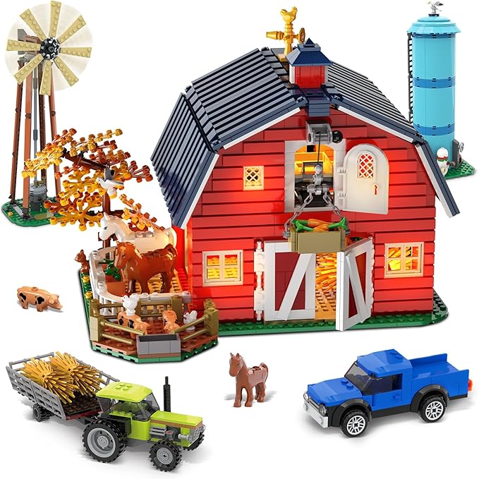 Western Farm Barn House Building Set with Lights, Newly Enhanced with Reinforced Structure, 1419 PCS Red Barn Building Toy with Animals Horse Tractor Windmill, Gift for Adults Boys Girls 10+