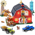 Western Farm Barn House Building Set with Lights, Newly Enhanced with Reinforced Structure, 1419 PCS Red Barn Building Toy with Animals Horse Tractor Windmill, Gift for Adults Boys Girls 10+