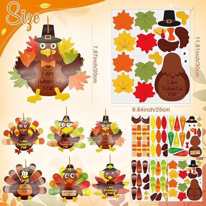 24 Sets Thanksgiving Turkey Craft Kits Fall Ornaments Decorations Art Sets DIY Autumn Make a Turkey Crafts Stickers Arts and Crafts for Toddler Party Classroom Activities