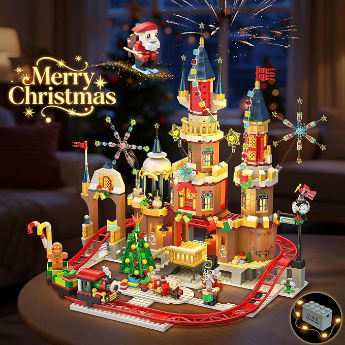 Christmas Castle Roller Coaster Building Set with Lights - 2025 Castle Village Rollercoaster Building Blocks House Xmas Tree Train Santa Claus Playset Gift for Adults Kids Boys Girls -1232PCS