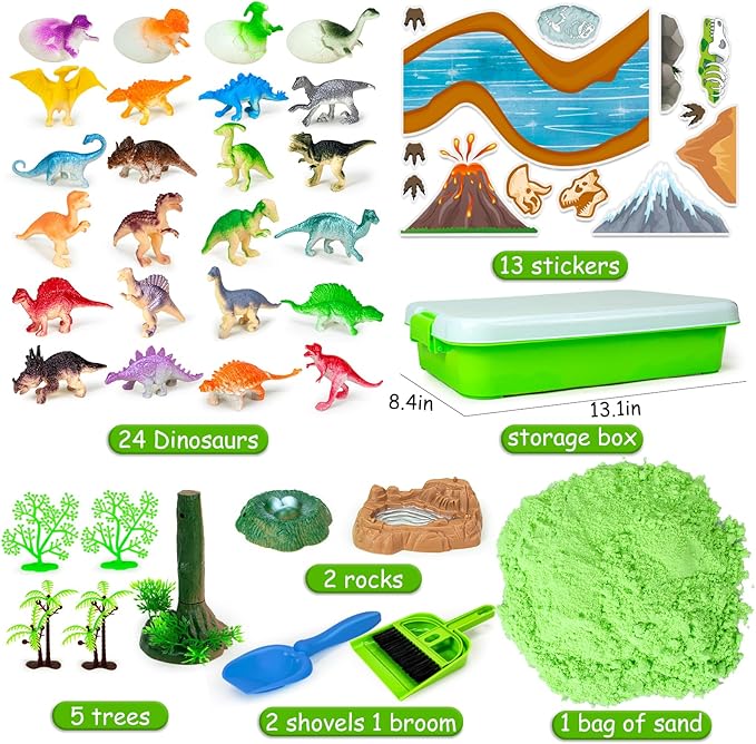 Dinosaur Sensory Bin Toys, 49 Pcs Dinosaur Sandbox Sands Kit with 2.2lb Magic Sand & Dinsoaur Figures,Sandbox with lid, Play Sand Kit, Kid Sensory Bins Birthday Gift for 3 4 5 6 7 8 Years Old