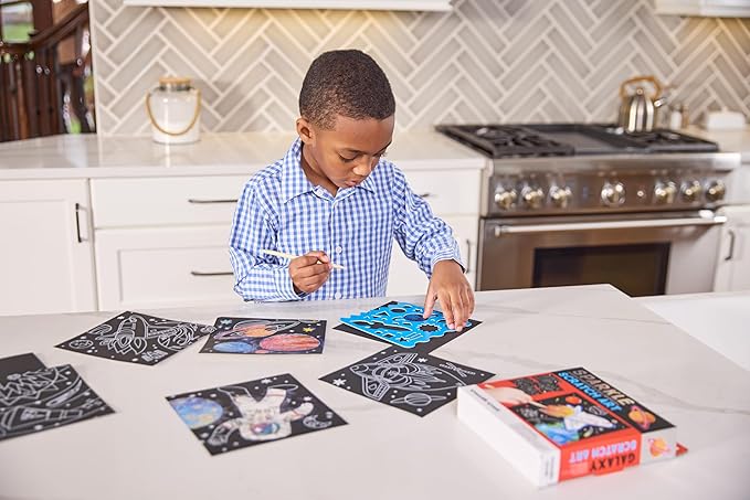 Crocodile Creek Space Sparkle Scratch Art for Kids - 16-Sheet Scratch Art Set with 10 Themed Sheets, 5 Blank Sheets, Stencil, and Stylus - Thoughtful Stocking Stuffers, Gifts, Art Supplies for Kids