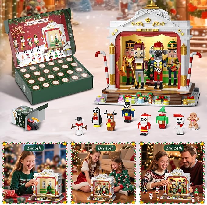 HOGOKIDS Advent Calendar 2025 Nutcracker Theater Building Set with Light, 24 Day Christmas Countdown Calendar 3.6 Mini Building Block Toy with 4 Nutcracker & 8 Minifigures, Gift for Adult Girl Boy 10+