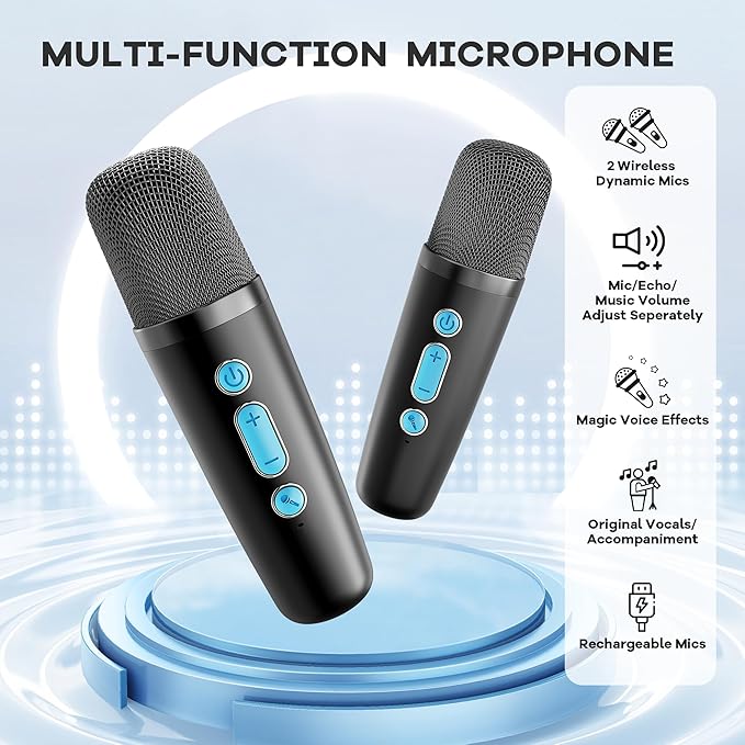 Mini Karaoke Machine with 2 Wireless Microphones, TOP Kids Gifts for Girls Ages 3, 4, 5, 6, 7, 8, 9,10,11,12 +Year Old, 4-12 Years Old Birthday Toy Gift for Girls Boys Party (Black Blue)