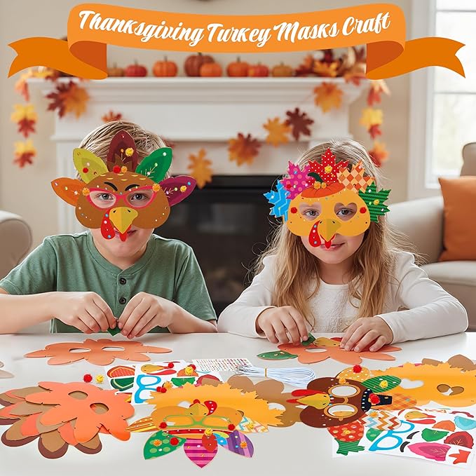 Bafeil 24 Sets Thanksgiving Turkey Masks Craft Kits DIY Turkey Face Mask Paper Art Craft Kit with Diamond Sticker for Fall Harvest Thanksgiving Party Favor Art Project Family Classroom Activity