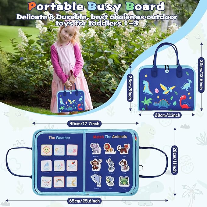 Montessori Busy Board for Toddlers 1-3, Sensory Educational Activities Board for Learning Fine Motor Skills, Travel Toys for Airplane Car, Gift for Girls Boys 2-4 Years Old (Dinosaur)