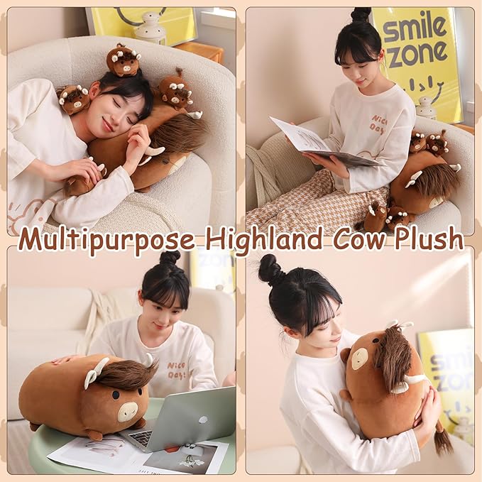SQEQE Highland Cows Stuffed Animals 5 in 1, Cute Fluffy Cow Plush with 4 Babies in Tummy, Soft Highland Cattle Kid Bedtime for Christmas Valentine's Birthday Gifts, Plushies Decor for Boys Girls