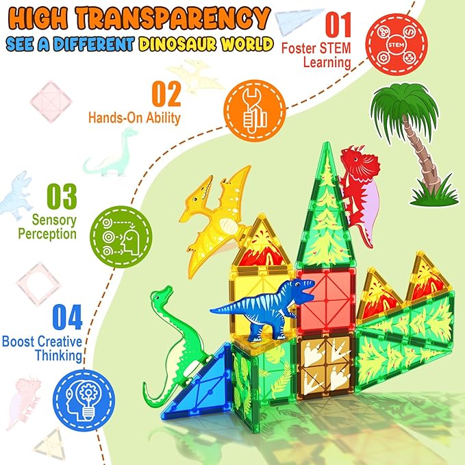 Dinosaur Toys Magnetic Tiles - Magnet Building Blocks for Toddler Kids Toys STEM Sensory Outdoor Toy for 3+ Year Old Boys and Girls, Dinosaur World Creative Games Kids