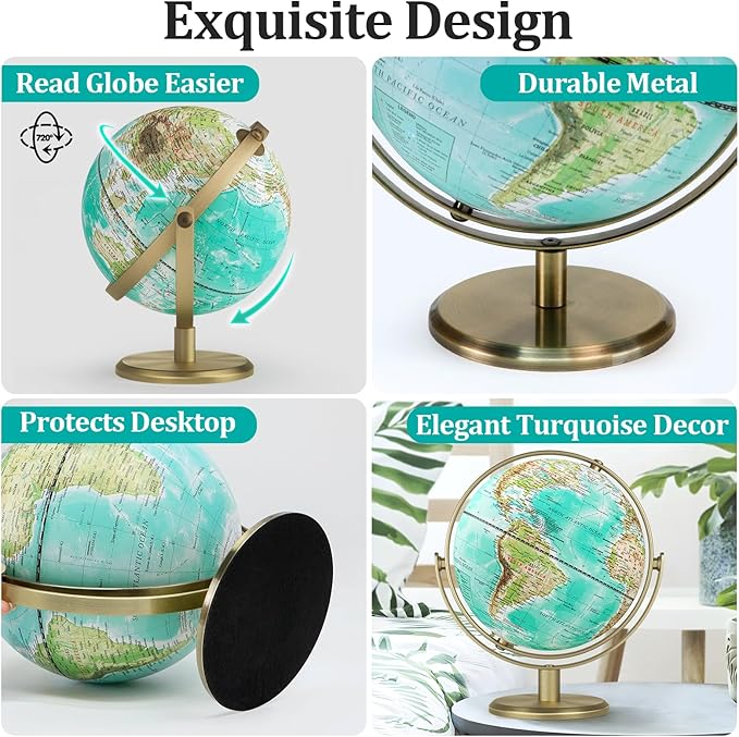8'' World Globe with Gold Stand 720° Rotating, Kids Adults Student Geography Educational, Desk Globe Decorative Office Classroom, Unique Birthday Christmas Gifts (Elegant Turquoise)