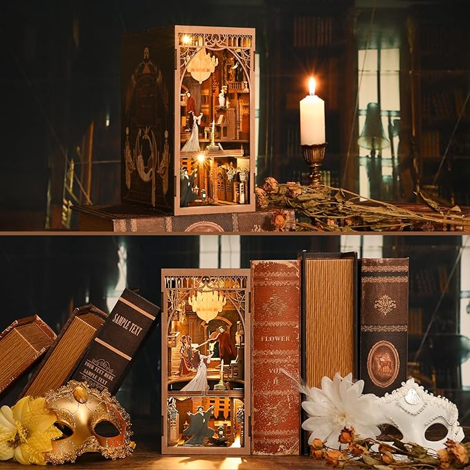 Book Nook Kit, DIY Miniature Dollhouse Booknook Kit, 3D Wooden Puzzle Bookend Bookshelf Insert Decor with LED Light for Teens and Adults (Phantom of The Opera)
