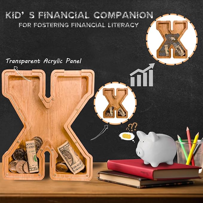 Wooden Letter Piggy Bank for Kids Larger Letter Piggy Bank for Boys and Girls Personalized Piggy Bank Initial Coin Bank Wood Kids Money Bank for Birthday and Festival