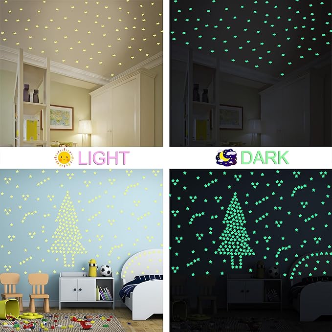 AM AMAONM 100 Pcs Yellow Glow in The Dark Luminous Stars Fluorescent Noctilucent Plastic Wall Stickers Murals Decals for Home Art Decor Ceiling Wall Decorate Kids Babys Bedroom Room Decorations