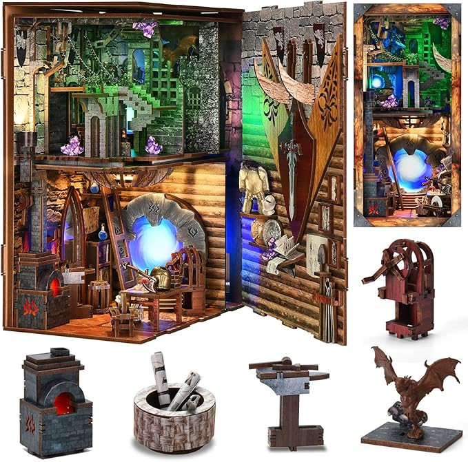 Book Nook Kit, DIY Miniature Dollhouse Booknook Kit, 3D Wooden Puzzle Bookend Bookshelf Insert Decor with LED Light for Teens and Adults (Blade and Magic)