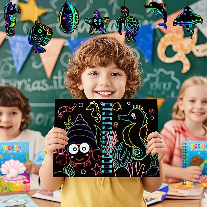 24 Pack Under the Sea Scratch Art Party Favors for Kids - Rainbow Scratch Paper with Ocean Animals Scratch Off Cards Easter Birthday Goodie Bags Stuffers - Return Gifts DIY Classroom Prizes