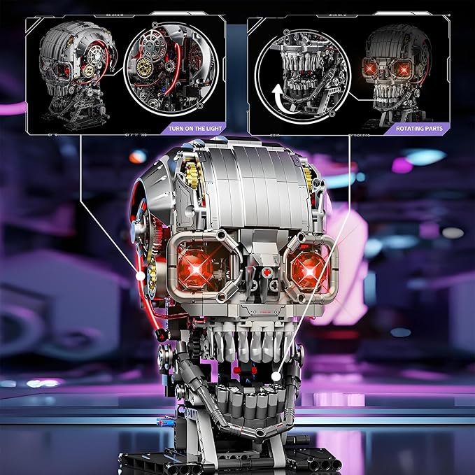Mechanical Skull Building Block Set 3D Poseable Model with Mandibular Teeth Bite Drive can be driven by hand or motor for STEM Toys for Kids & Adults Perfect for Horror Fans & Gothic Room Decor