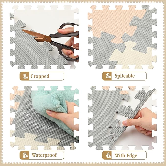 Nuanchu 60 Pcs Kids Foam Puzzle Floor Mat Bulk Solid Color Foam Play Mat with Borders Interlocking Multi Use Floor Rug for Baby Toddler Children Crawling Exercise Playroom 12 inch (White, Cream, Gray)