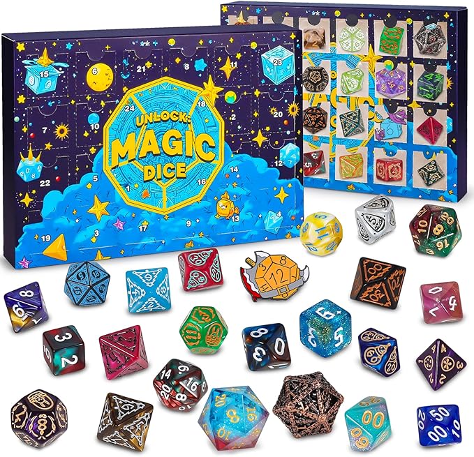 QMAY Polyhedral Dice - 24 Pcs Mystery Dice Box, Random Styles Dice & Pins Badges, Bulk DND Dice, Dice Advent Calendar, D&D Gifts, Great for Dungeons and Dragons, RPG, MTG,Role Playing Table Game