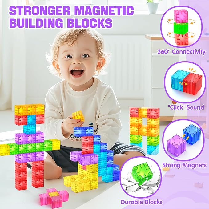 Magnetic Blocks - 52pcs Translucent Magnetic Cubes, Digit Building Blocks Magnet Toys for Kids, Rainbow STEM Creativity Toys 3+ Year Old Boys & Girls Toddlers Kids Christmas Birthday Gifts