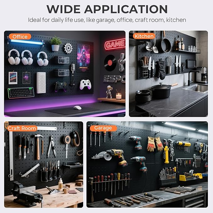INCLY 70PCS Pegboard Wall Organizer, 4PCS Metal Peg Board Panels with 66PCS 1/4" Pegboard Hooks Accessories Kit, Black Peg Board for Walls Home, Garage Tool Storage, Workbench Organization