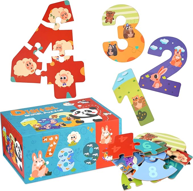 Wooden Puzzles for Kids, Montessori Numbers Puzzles Animal Puzzle for Toddlers, Preschool Learning Toys Educational STEM for Boys Girls Ages 3+