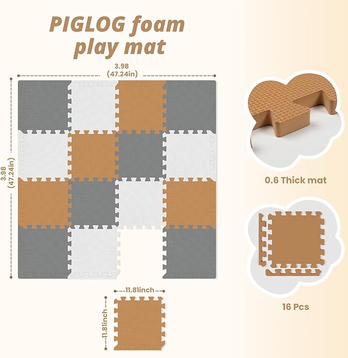 16 Tiles Baby Play Mat for Floor, EVA Foam Baby Floor Play Mat with 0.6 Inch Thick Interlocking Foam Tiles, Foam Floor Tiles for Baby, Toddlers and Kids