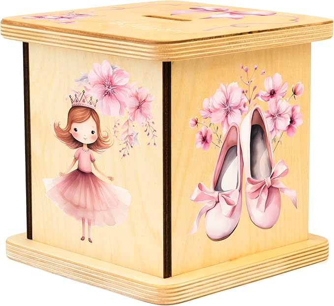 Wooden Piggy Bank for Kids and Adults, Personalized Gift Handmade in USA by BloomOwl, Custom Piggy Bank, Personalized Banks for Kids, Gifts for Baby Boys and Girls (Ballerina)