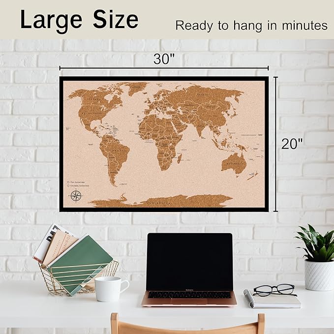 Push Pin World Travel Map – 30" x 20" Framed Cork Board Wall Art, Large Push Pin Map for Tracking Adventures, Unique Gift for Travelers, Couples, and Families