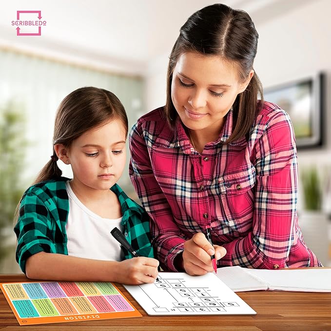SCRIBBLEDO Dry Erase Division White Board 9x12Inch Small Division Chart Durable Portable Double Sided Math Manipulatives Practice Whiteboard for Kids Students Classroom and Home Long Division Lapboard