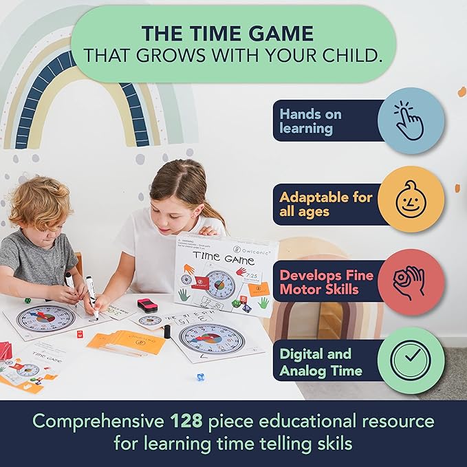 OWLCONIC Learning Time Game - 128 Piece Teaching Aid to Help Kids Learn Analog and Digital Time - Educational Resource Toy for Children - Kindergarten Homeschool Supplies