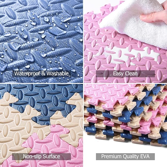 Foam Floor Mats for Kids, 12 x 12 Inch 16 Tiles 0.4" thickness Foam Play Mat, Non-Toxic Square Interlocking Floor Mats Rubber Baby Play Mat for Toddlers(Beige/Dark Blue/Pink)