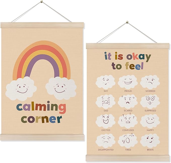 Koesus Calming Corner Posters for Kids, Emotional Chart Wall Art Poster Hanger Frame 12x16 Inch Set of 2, Boho Mental Health Canvas Pictures Prints Framed Wall Decor for Classroom