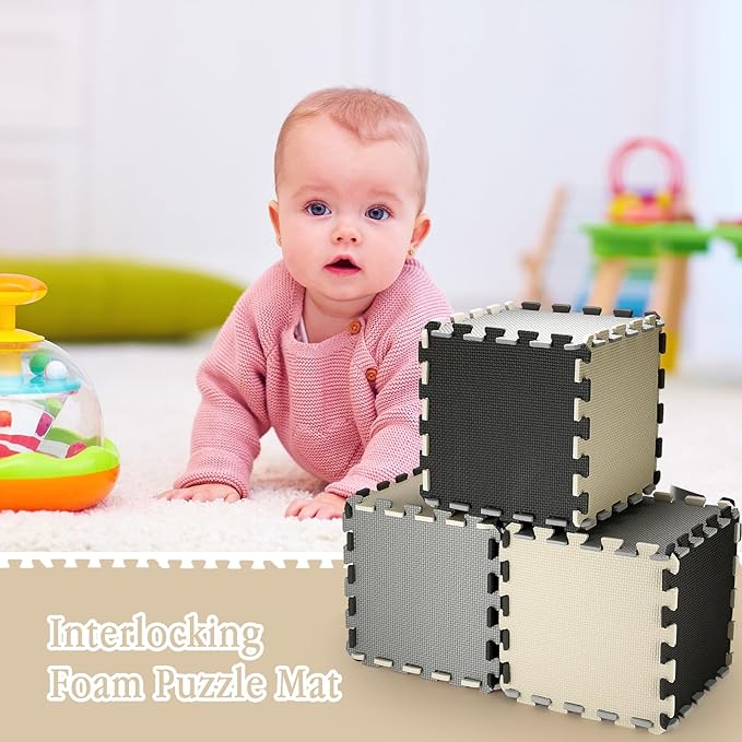 Nuanchu 60 Pcs Kids Foam Puzzle Floor Mat Bulk Solid Color Foam Play Mat with Borders Interlocking Multi Use Floor Rug for Baby Toddler Children Crawling Exercise Playroom 12 inch (Black, White, Gray)