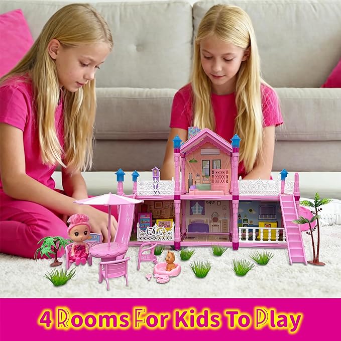 Doll House for Girl with 1 Princess, 2 Floors -4 Rooms, 131 Accessories Includes Dog and Furnitures, Design and Build Gift for 3 4 5 6 7 8+ Year Old Girls (Pink)