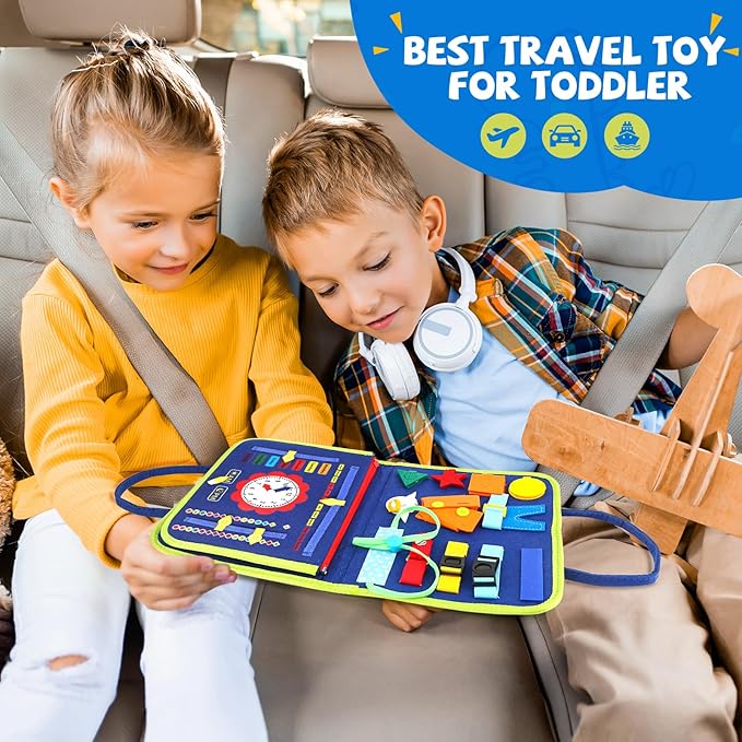 Toddler Busy Board, Montessori Sensory Toys for Boys, 1-4 Year Old Girl Toddler Travel Toys, Educational Learning Activities Board for Motor Skills, Birthday Gifts for Airplane Car, Blue Dinosaur