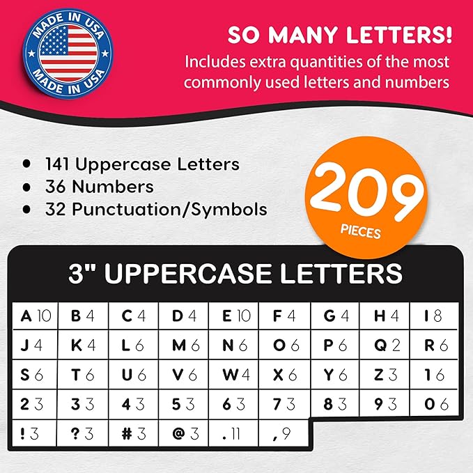 209 Pcs 3" Red Bulletin Board Letters & Numbers, Capital Letters, Numbers, Punctuation, US Made Card Stock Punch Out Letters for Poster, Bulletin Board, Classroom - Precut Letters & Numbers