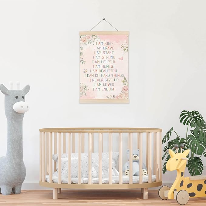 Koesus Inspirational Girls Nursery Wall Art Poster Hanger Frame 12x16 Inch, Boho Pink Floral Positive Affirmation Canvas Pictures Prints Framed Wall Decor for Toddler Girls Room Nursery Playroom