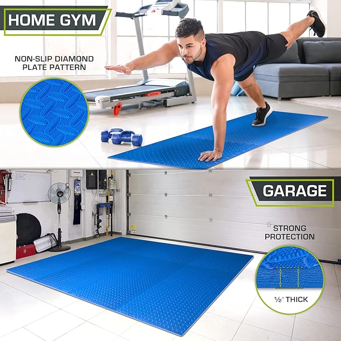 ProsourceFit Puzzle Exercise Mat ½ in, EVA Interlocking Foam Floor Tiles for Home Gym, Mat for Home Workout Equipment, Floor Padding for Kids, Blue, 24 in x 24 in x ½ in, 48 Sq Ft - 12 Tiles