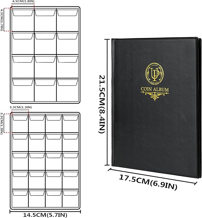 160 Pockets Coin Album - 10 Sheets Mixed Sizes Coin Holder 45x43/33x33 mm Collecting Grid for Pounds Pence Cents (Black) CS48160BK