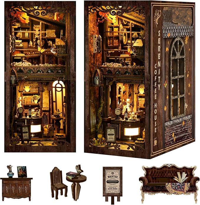 [2025 New] Coffee House Book Nook Kit with Dust Cover & LED Light, DIY Miniature House Kit Toy, 3D Wooden Puzzle Bookshelf Decor Building Kit, Birthday Gifts for Family & Friends