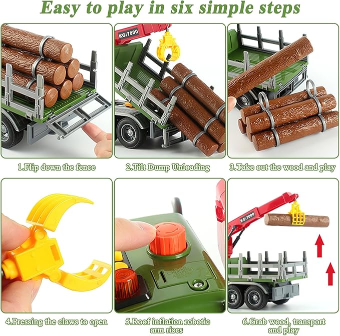 Mostop Logging Truck Kids Toy for 3 4 5 6 7 8 Year Old Boys, 15’’ Farm Logging Truck with Crane and 6 Trunks, Lights, Sounds, Friction Powered Timber Transport Log Tow Truck Toy Birthday Gift
