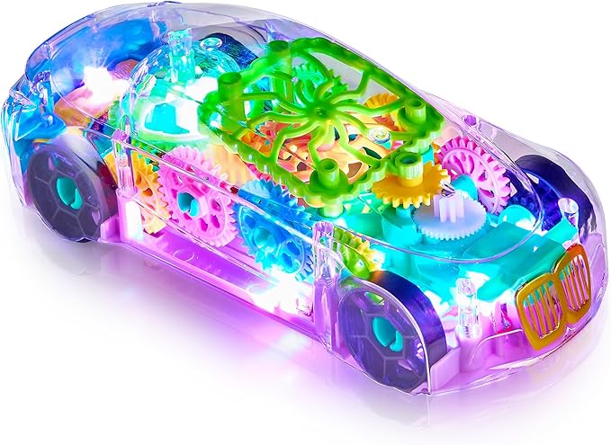 Playbees Light-Up Transparent Car Toy, Toys for Autistic Kids Ages 3-5 Sensory Toy for Kids with Autism Special Needs Toys, Bump and Go Toys for Toddlers Music and LED Effects Great Gift Idea