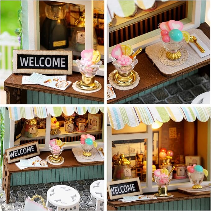 Miniature House Kit, CUTEROOM Tiny House Kit Wooden Dollhouse Kit Mini House Making Kit with Dust Cover, DIY Dollhouse Kit Birthday Gift (Dessert Time)