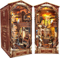 Book Nook Kit, DIY Dollhouse Booknook Bookshelf Insert Decor Alley, DIY Book Nook Miniature Kit with Lights, 3D Wooden Puzzle Decorative Bookend Miniature Model Kits for Adults