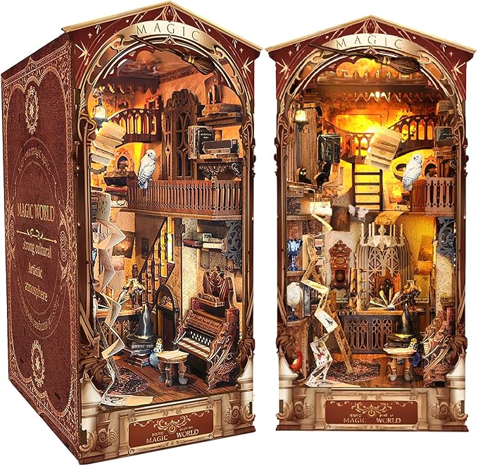 Book Nook Kit, DIY Dollhouse Booknook Bookshelf Insert Decor Alley, DIY Book Nook Miniature Kit with Lights, 3D Wooden Puzzle Decorative Bookend Miniature Model Kits for Adults