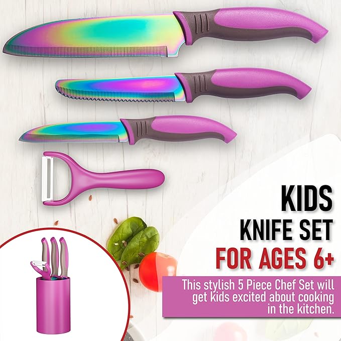 5-Piece Kids Knife Set for Real Cooking | Stainless Steel Chef, Paring & Serrated Knives with Peeler & Holder | Safe Junior Chef Cooking Set for Kids (5 pcs, Pink)