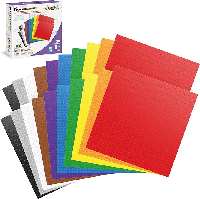 PicassoTiles Brick Baseplate Classic Building Block Foundation Kit 20 Pack 10"x10" Platform Multi Color Bricks Stud Blocks Compatible with All Major Brands STEM Construction Set Kids Ages 3+ PBS02